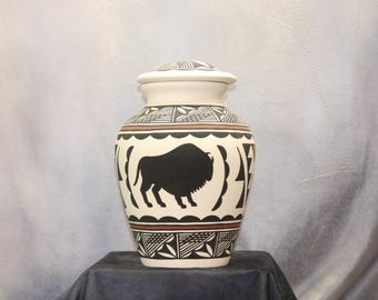 Buffalo Design Native American Adult Cremation Urn, Hand painted large Jar with lid Native American Art Pottery, Handmade Ashes Urn