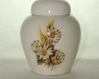 Cremation Urn with Daisy and Wheat, Ceramic Jar with Lid, Pet Cat or Dog Small Urn for Ashes, Keepsake Urn, Art Pottery, handmade
