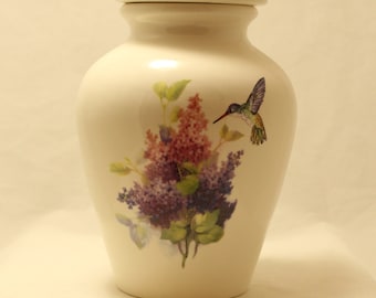 Lilac and Hummingbird Ceramic Cremation Urn, Handmade Art Pottery