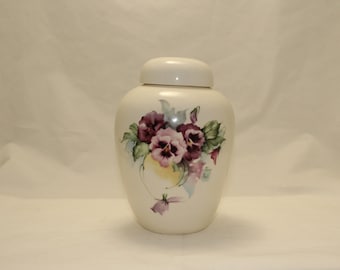 Handmade Purple Pansy Ceramic Cremation Urn, Medium Jar with Lid