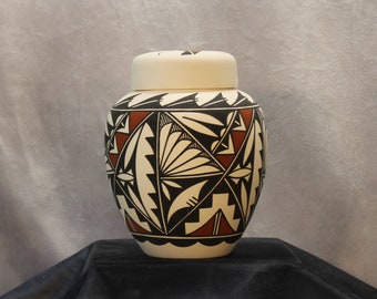 Native America Adult Cremation Urn for Human Ashes Urn, Large Hand Painted Art Pottery Jar with Lid