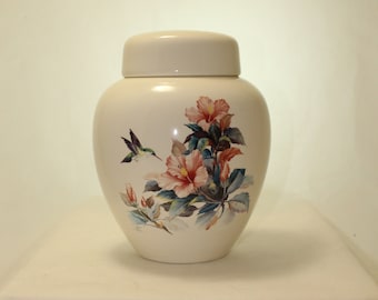 Hummingbird and Peach Hibiscus on Adult Cremation Urn, Ceramic Urn Jar with Lid for human ashes,  Art Pottery Handmade