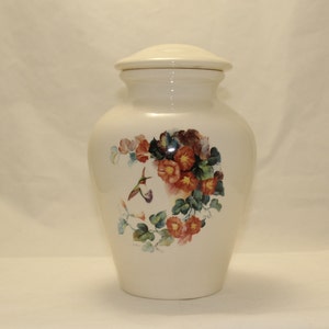 Orange Trumpet Vine and Hummingbird Cremation Urn, Large Ceramic Jar with Lid,Adult Urn, large urn, large jar, art pottery, Handmade Pottery