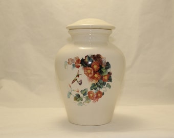Orange Trumpet Vine and Hummingbird Cremation Urn, Large Ceramic Jar with Lid,Adult Urn, large urn, large jar, art pottery, Handmade Pottery