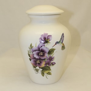 Purple Pansy and Hummingbird Adult Cremation Urn, Human Ashes Urn. large jar with lid, art pottery, handmade