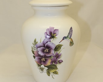 Handmade Purple Pansy & Hummingbird Cremation Urn: Adult Ceramic Art Pottery
