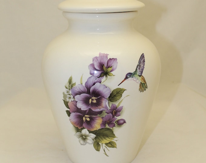 Featured listing image: Purple Pansy and Hummingbird Adult Cremation Urn, Human Ashes Urn. large jar with lid, art pottery, handmade