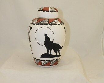 Native American Adult Cremation Urn with howling coyote design for human ashes, Large jar with lid traditional design art pottery