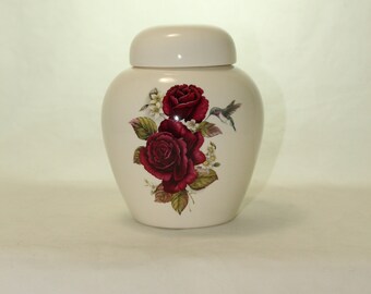 Burgundy Roses and Hummingbird Cremation Urn: Handmade Ceramic Keepsake