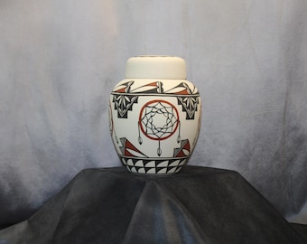 Hand Painted Dream Catcher Cremation Urn, Native American Art Pottery