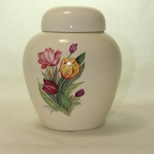 Cremation Urn with Tulips, Small Ceramic Ginger Jar with Lid,  Cat or Dog Small Urn for Ashes, Keepsake Urn, Art Pottery, handmade