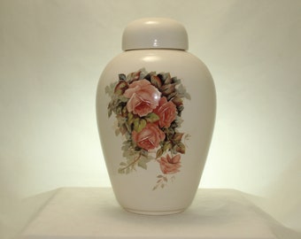 Handmade Adult Cremation Urn: Peach Roses Ceramic Ginger Jar