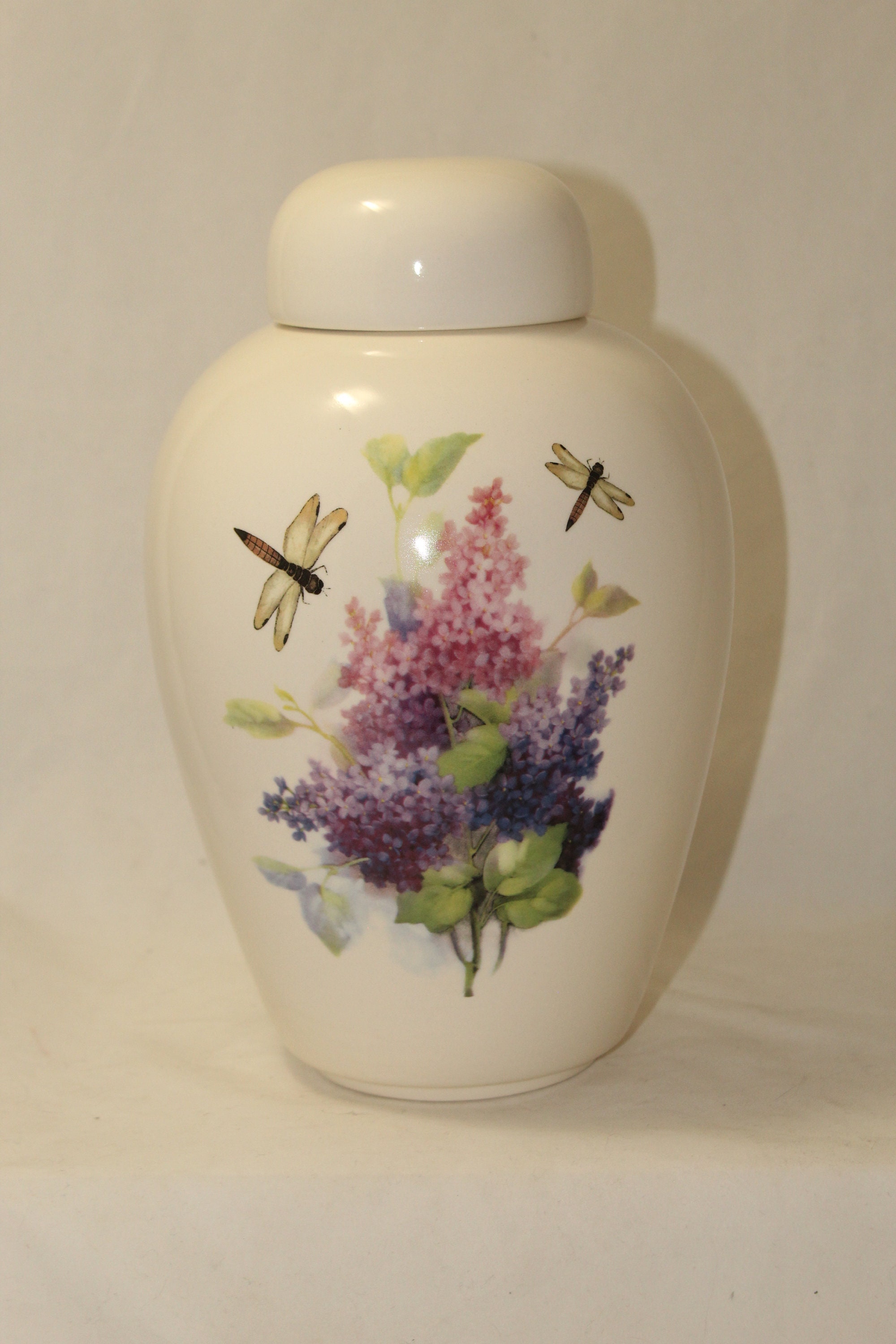 Lilacs with Dragonfly Cremation Urn Ceramic Jar with Lid, Large Urn for