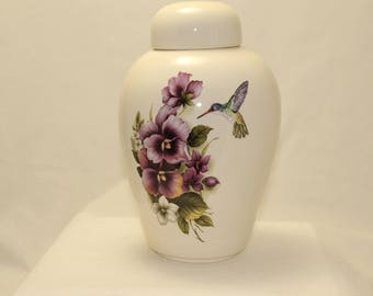 Purple Pansy and Hummingbird Adult Cremation Urn, Ceramic Jar with lid for ashes