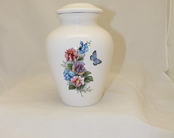 Sweet Peas with butterfly Adult Cremation Urn for human ashes, large ceramic jar with lid