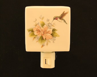 Pink Flower with Hummingbird Porcelain Night Light, Wall Plug-in Memorial Nightlight, Remembrance Gift