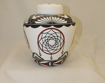 Dream Catcher Native American Extra-Large Urn for Human Ashes, Hand Made Pottery Funeral Urn