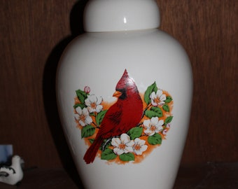 Cardinal with Dogwood Adult Cremation Urn for Human Ashes, Ceramic Jar With Lid, art pottery funeral urn, handmade