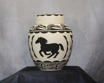 Native American Horse Cremation Urn, Hand Painted Ceramic Art Pottery