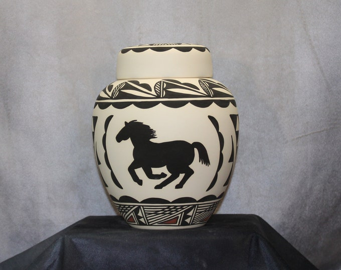 Featured listing image: Horse Design Native American Hand Painted Ceramic Jar with Lid, Adult Cremation Urn for Human Ashes Urn, Art Pottery, Handmade Urn