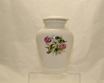 Lily & Hummingbird Ceramic Cremation Urn, Handmade Keepsake Jar