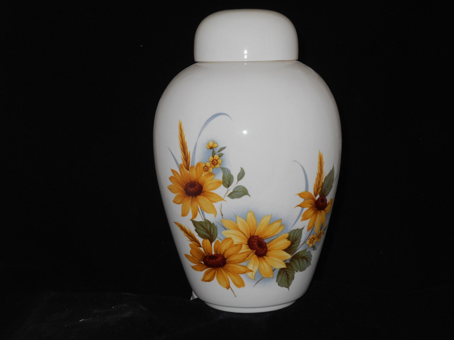 Sunflower Adult Cremation Urn for Human Ashes, Ceramic Jar with Lid, handmade funeral urn