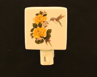 Yellow Roses and Hummingbird Porcelain Night Light, Memorial Remembrance Nightlight