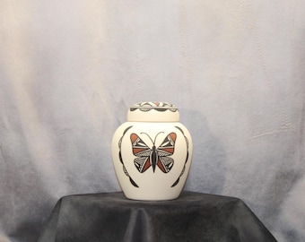 Butterfldy Native American Cremation Urn for Ashes, Hand painted design small container with lid