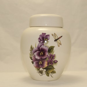 Pansy and Dragonfly Cremation Urn Ceramic Jar with Lid, large or Adult Cremation Urn, Art Pottery, handmade pottery Funeral Urn
