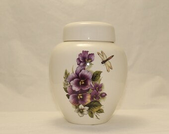 Pansy and Dragonfly Cremation Urn Ceramic Jar with Lid, large or Adult Cremation Urn, Art Pottery, handmade pottery Funeral Urn