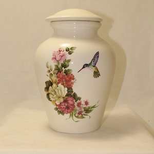 Pink  flowers with Hummingbird Ceramic Jar with Lid, Large Cremation Urn, Adult Urn, Human Ashes Urn. art pottery, handmade