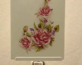 Memorial Night Light with Pink Roses, Remembrance Gift, Porcelain Nightlight, Decorative Light, Memorial Memory