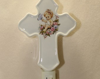 Porcelain Cross Night Light: Angel, Butterfly & Roses - Nursery Decor
