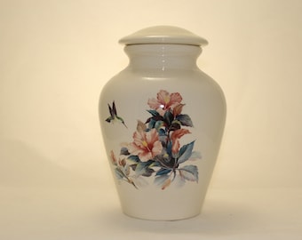 Hibiscus & Hummingbird Adult Cremation Urn Ceramic Jar with Lid, Urn for Human Ashes, Large Cremation Urn, large jar, art pottery, handmade