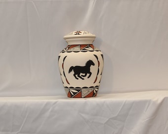 Horse Design Native American Adult Cremation Urn, Hand painted large Jar with lid Native American Art Pottery, Handmade Ashes Urn