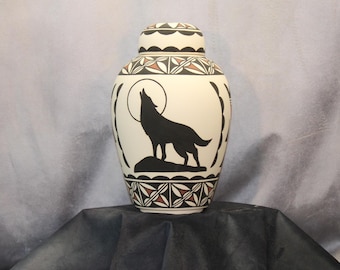Native American Adult Cremation Urn with howling wolf design for human ashes, Large jar with lid traditional design art pottery