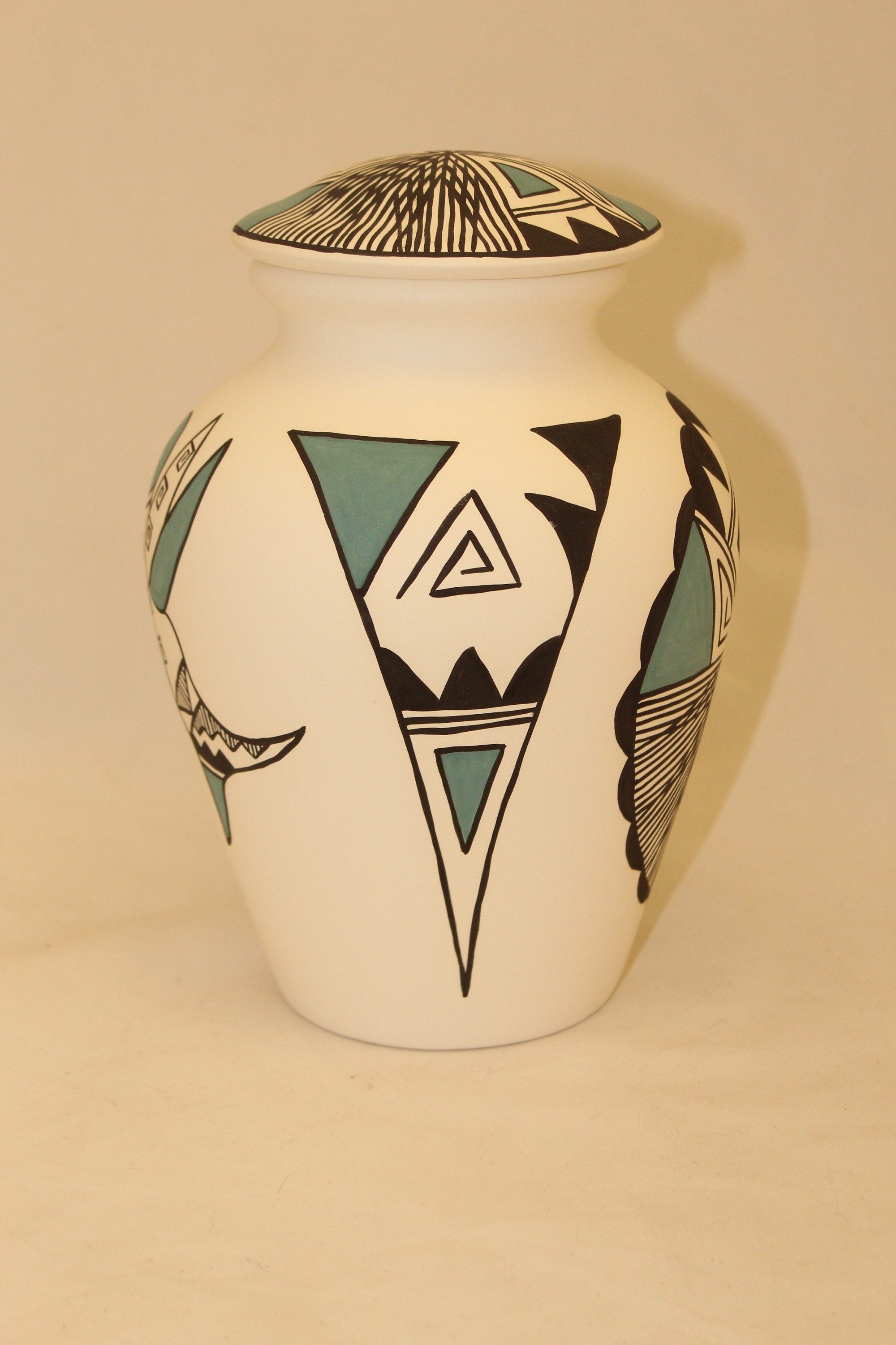 Native American Ceramic Jar with Lid, Adult Cremation Urn, Hand Painted
