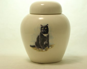 Tuxedo Cat Cremation Urn, Ceramic Jar with Lid, Pet Cat or Dog Small Urn for Ashes, Keepsake Urn, Art Pottery, handmade