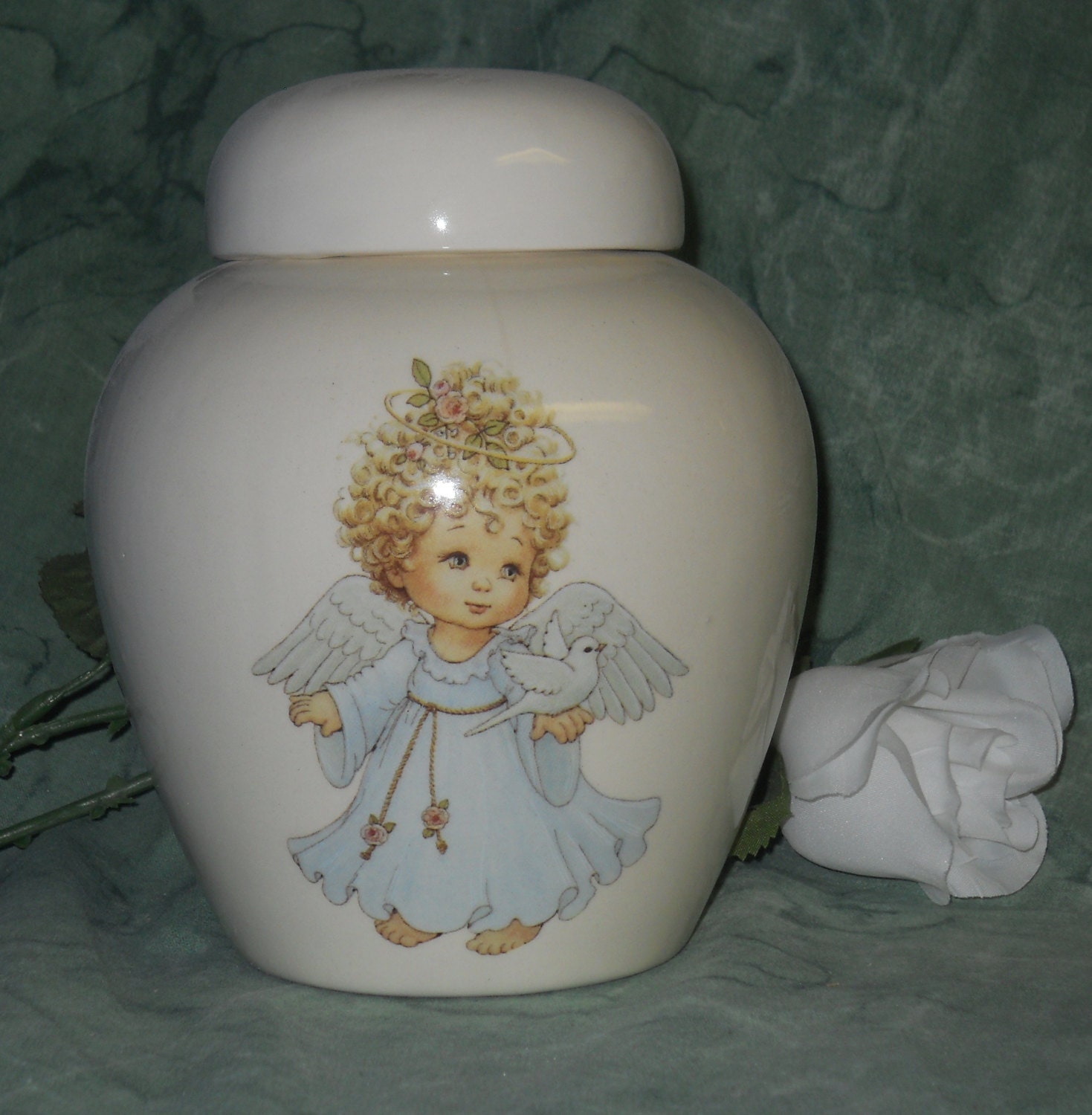 Angel Ceramic Jar with Lid, Baby or Infant Urn Small Cremation Urn for Ashes, Small Pet Urn, Cat