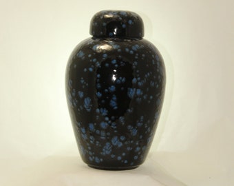 Handmade Adult Cremation Urn, Black Ceramic Ginger Jar with Blue Crystals