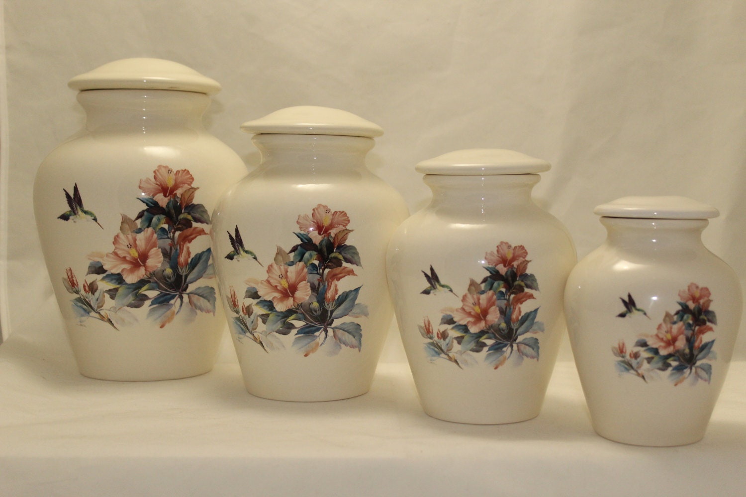 Hummingbird and Hibiscus Flower Cremation Urn, Ceramic Jar with Lid, Pet Urn, Baby Urn, Small