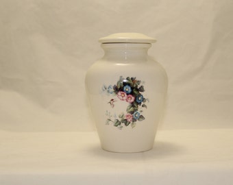 Hummingbird pink and blue morning glory flowers Ceramic jar with lid, urn, ashes Jar with lid, Keepsake urn, Tiny jar, art pottery, handmade