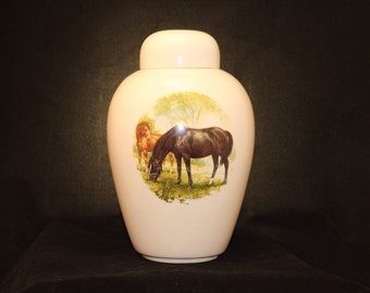 Black Horse Adult Cremation Urn for Ashes, Handmade Ceramic Ginger Jar