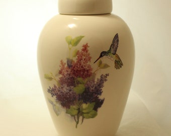 Lilacs and Hummingbird Adult Cremation Urn, Handmade Ceramic Jar