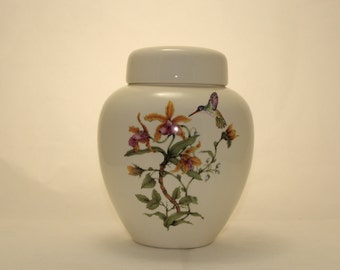 Yellow Orchids with Hummingbird Cremation Urn, Ceramic jar with lid, Jar with lid, large urn, large jar, adult urn. art pottery, handmade