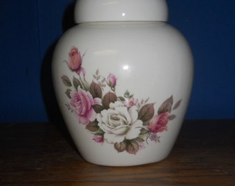 Ceramic jar with lid,urn,white and pink roses Jar with lid,Small Cremation urn,  jar, art pottery, handmade
