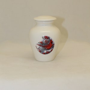 Keepsake Cremation Urn with Winter Cardinal Design,  Baby Urn, Infant Urn. Handmade small Pet Urn