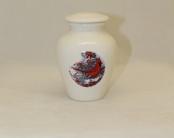 Handmade Winter Cardinal Cremation Urn: Small Ceramic Keepsake