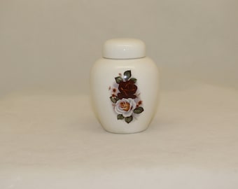 White and Burgundy Roses Tiny Keepsake Cremation Urn, Baby or Infant Urn, Cat Urn Small Pet Urn, art pottery, handmade