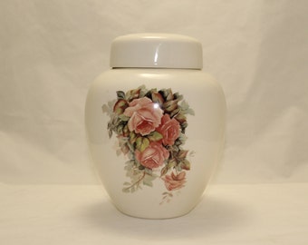 Cremation Urn, Peach Roses Ceramic Jar with Lid, Adult Cremation Urn, Large Ginger Jar, Human Ashes Urn, Art Pottery, Handmade Funeral Urn